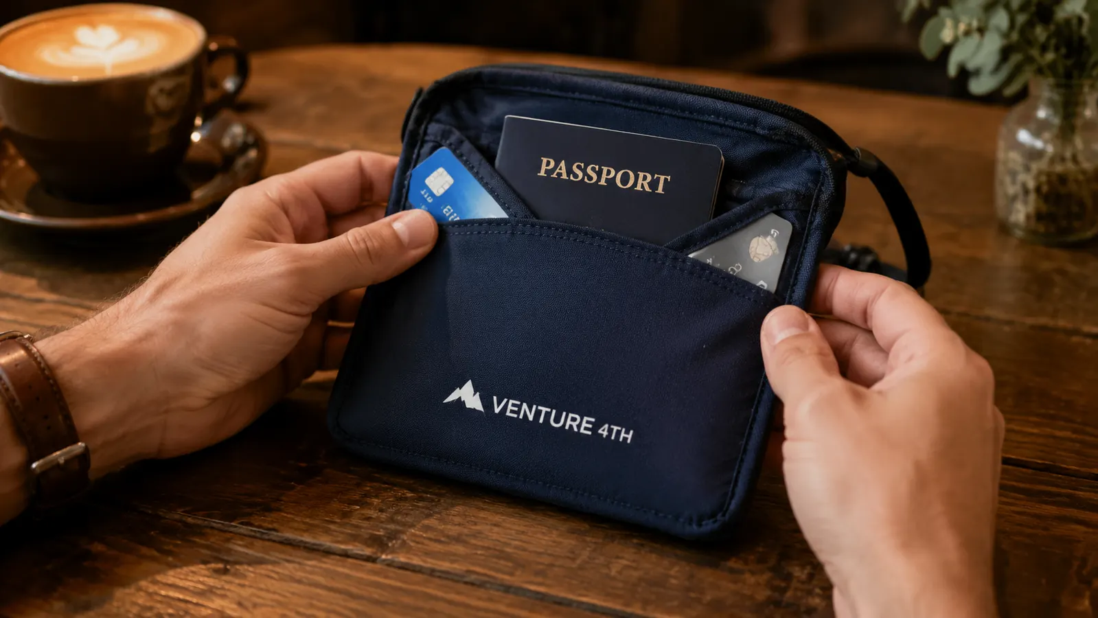 Close-up of the VENTURE 4TH neck wallet open to show passport, cards, and folded bills organized inside