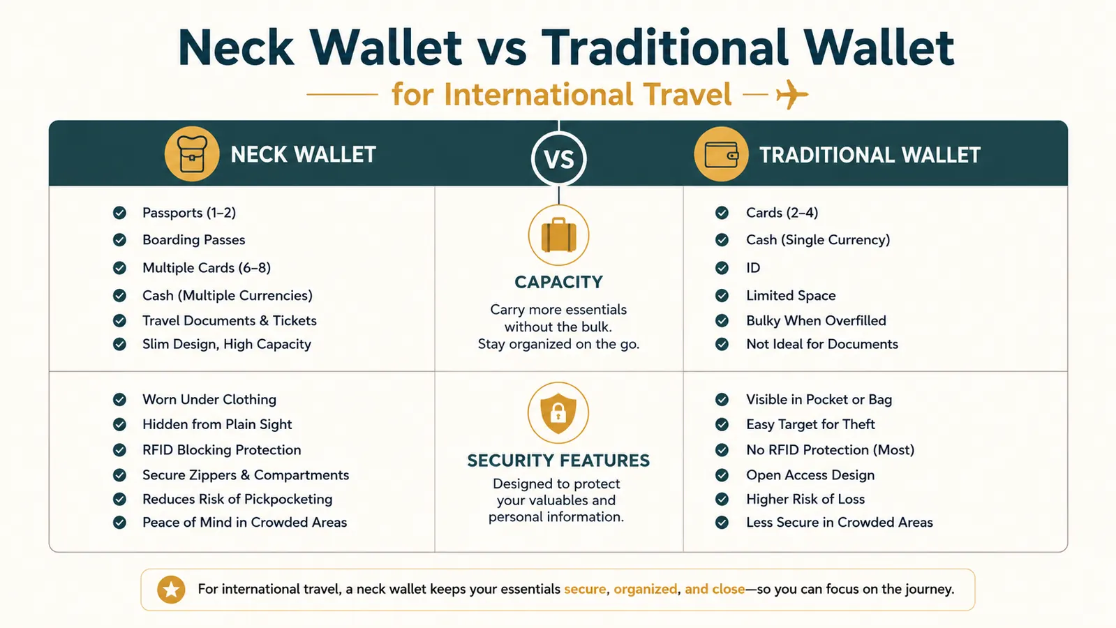 Chart showing what fits in a neck wallet versus a traditional travel wallet