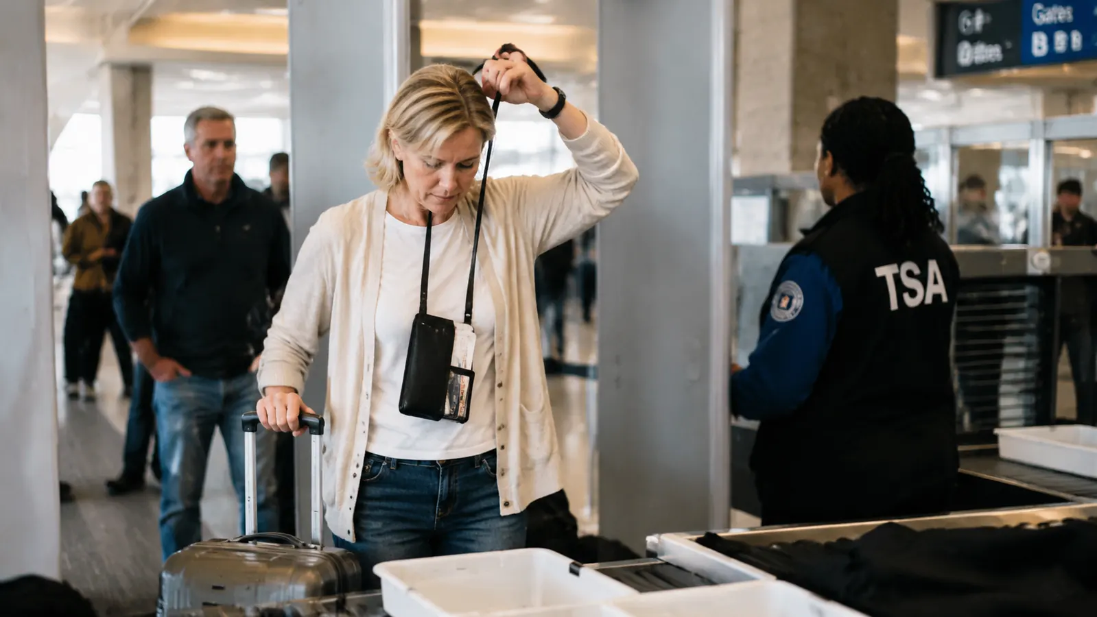 Traveler at an airport security lane pulling a neck wallet out from under her shirt with one hand while her carry-on rolls beside her