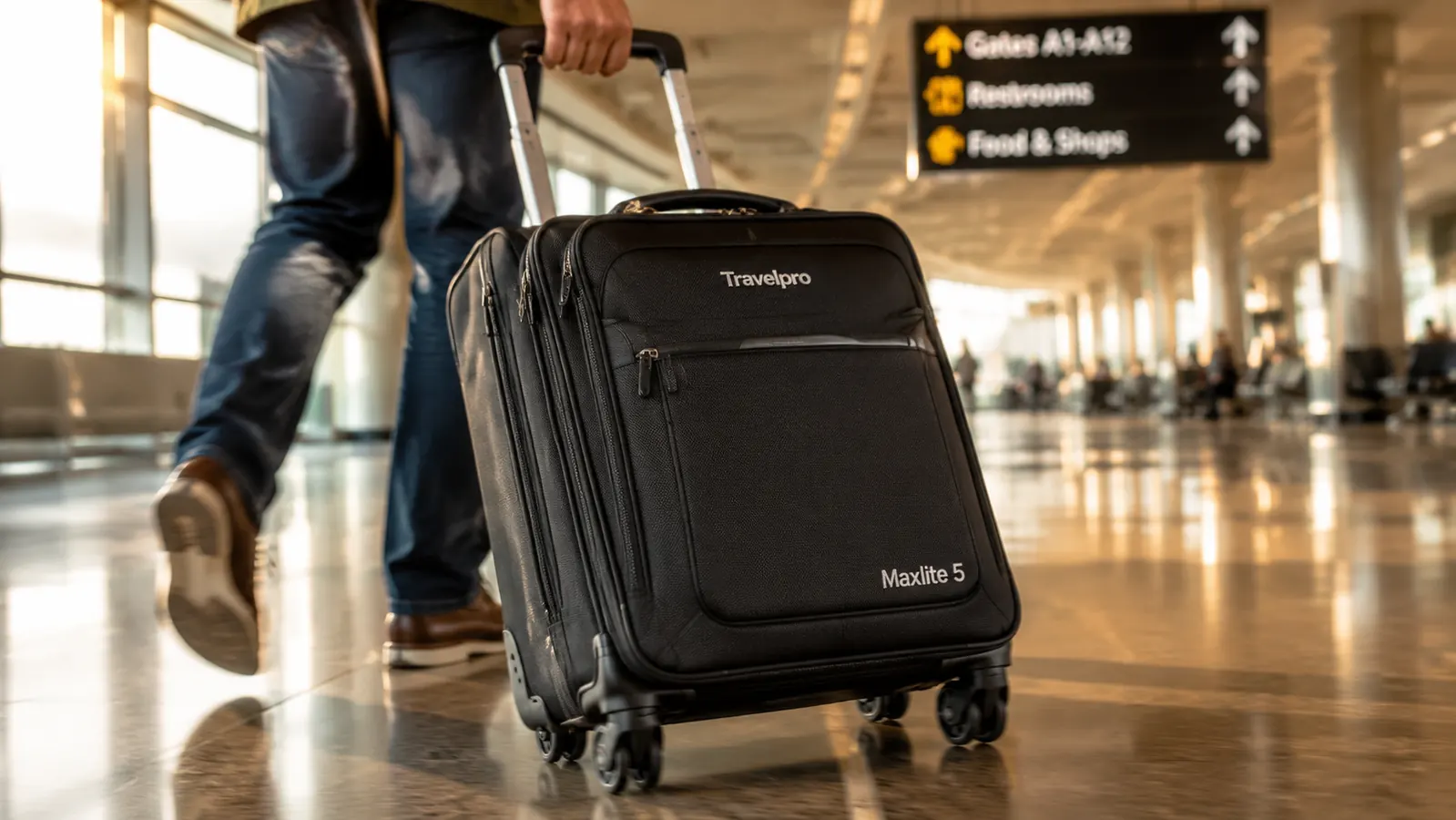 Close-up of a hand gripping the Travelpro Maxlite 5 PowerScope handle at full extension in an airport corridor
