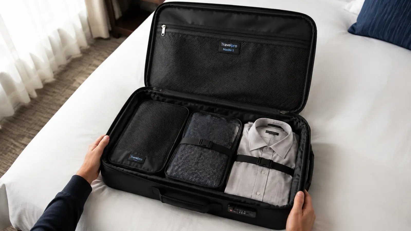 Open Travelpro Maxlite 5 suitcase laid flat showing organized interior with packing cubes and a suit rolled inside