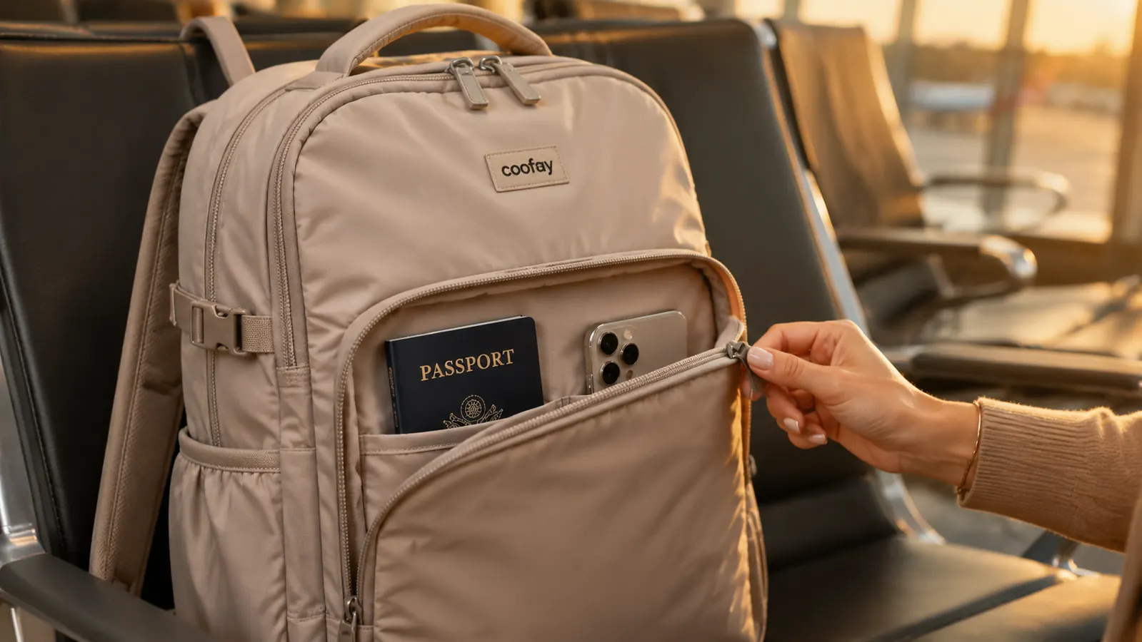 hand unzipping the front organizer pocket of the coofay backpack to reveal passport, boarding pass, and earbuds