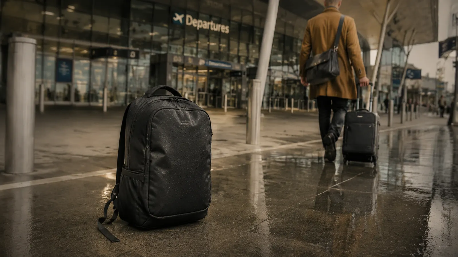 coofay backpack beside a water bottle showing waterproof exterior after light rain