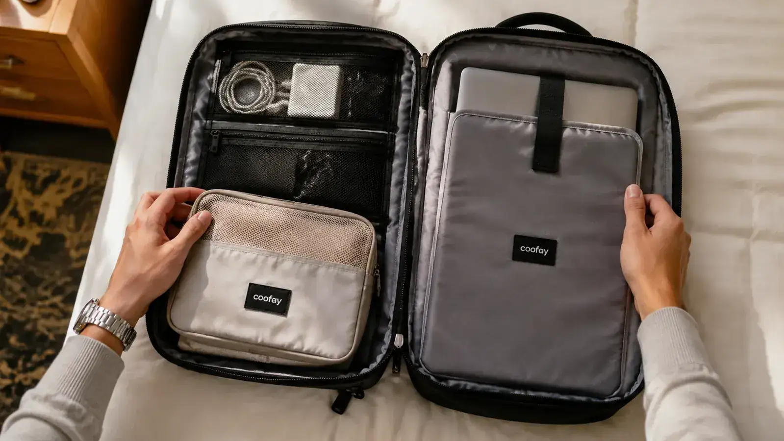 interior layout of the coofay backpack showing organized compartments with clothes and electronics