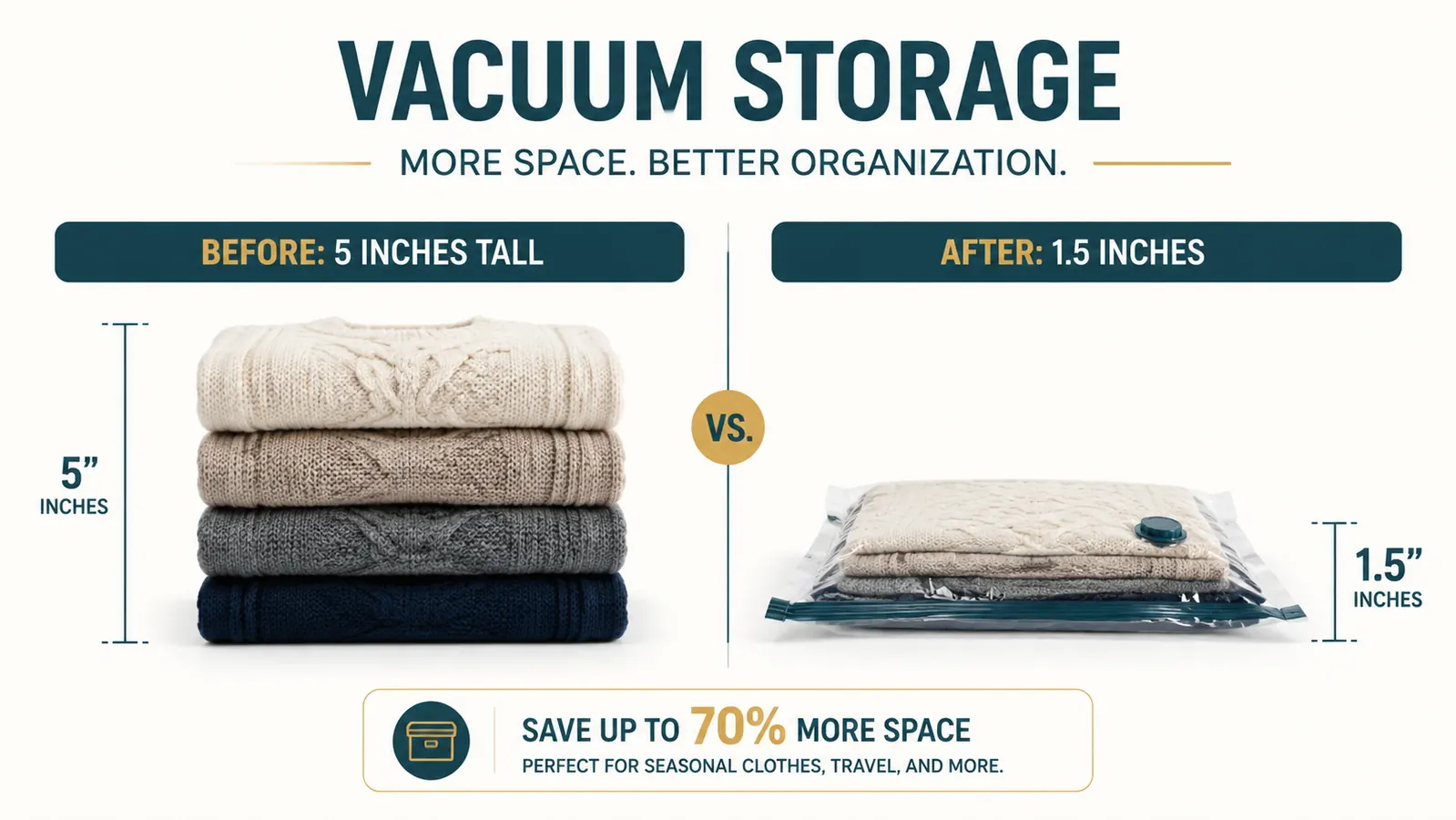 Side-by-side comparison showing a bulky sweater stack at full size versus the same sweaters compressed flat in a vacuum bag