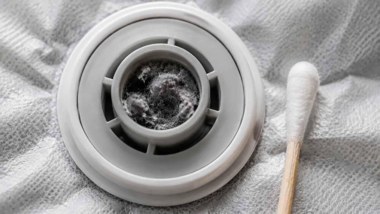Close-up of a vacuum bag valve clogged with gray fabric lint and debris next to a cotton swab for scale