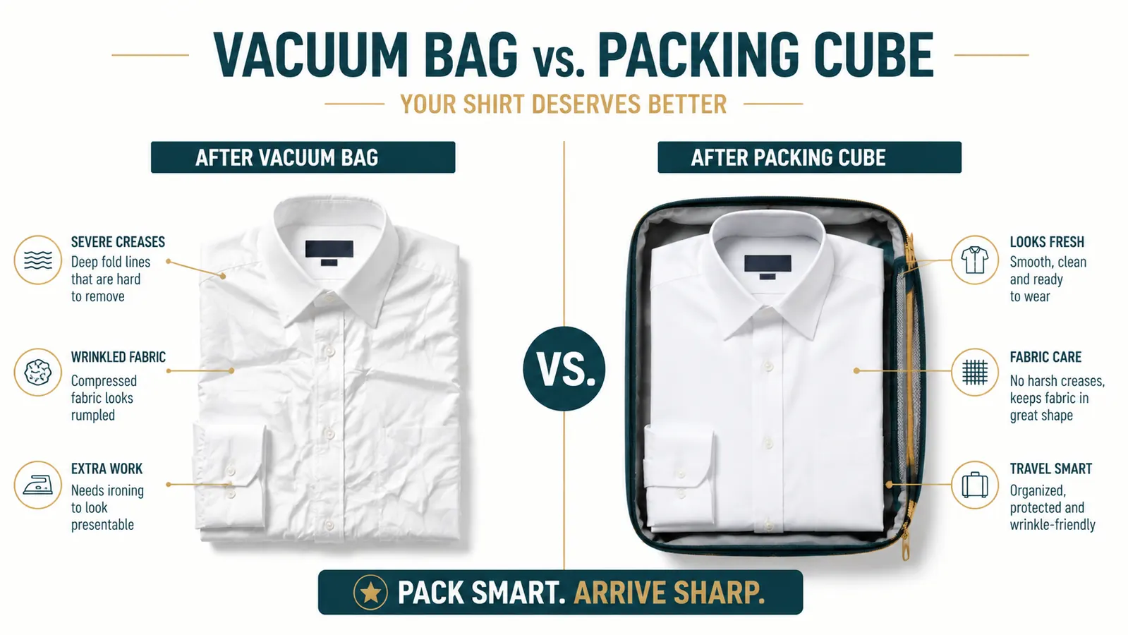 Two dress shirts side by side showing deep compression wrinkles after being vacuum packed versus a smoothly folded shirt