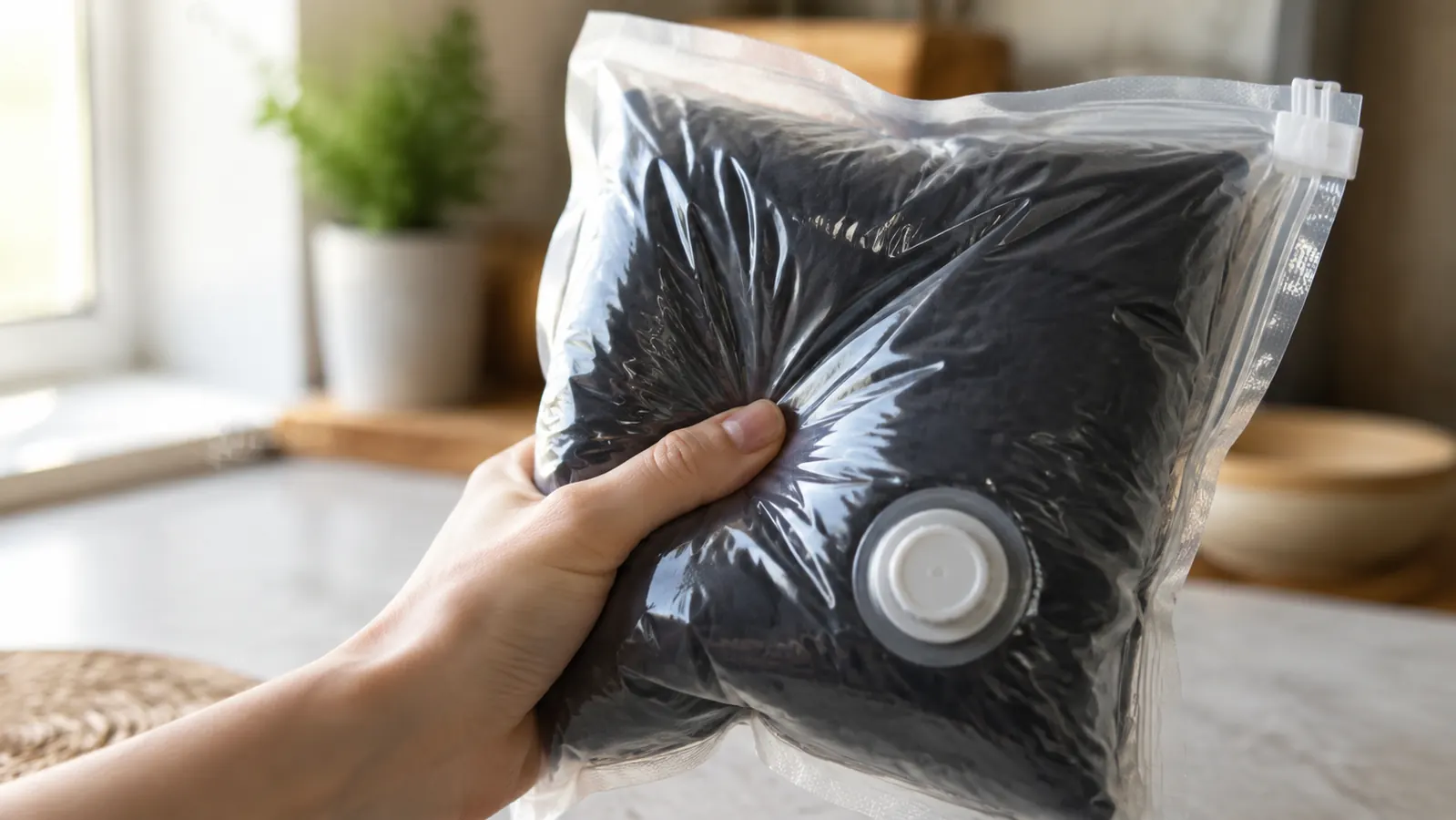 A hand performing the clutch test on a sealed vacuum bag, squeezing it to check for air leaks