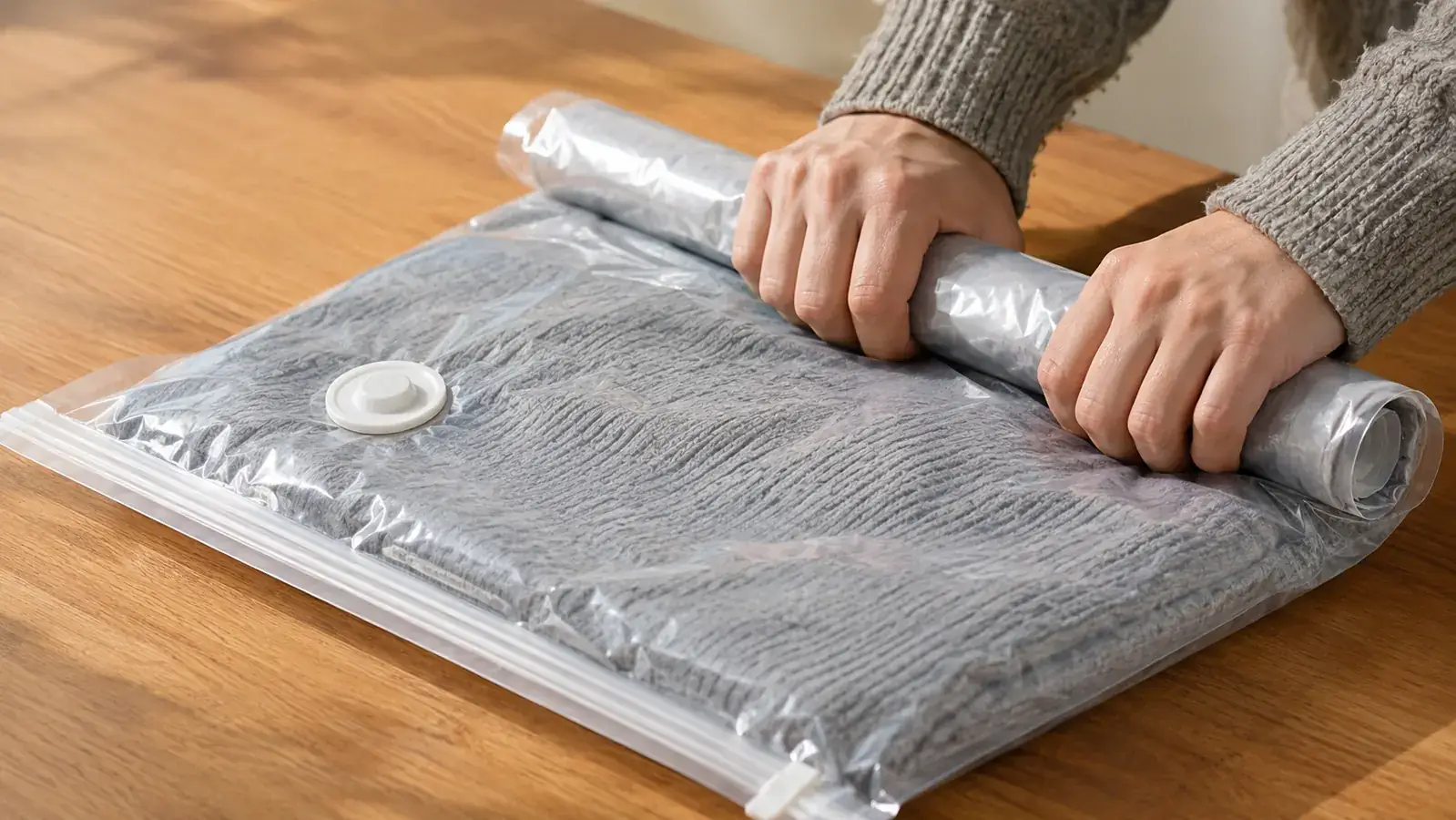 Hands pressing and rolling a vacuum storage bag on a flat surface to push air out before sealing