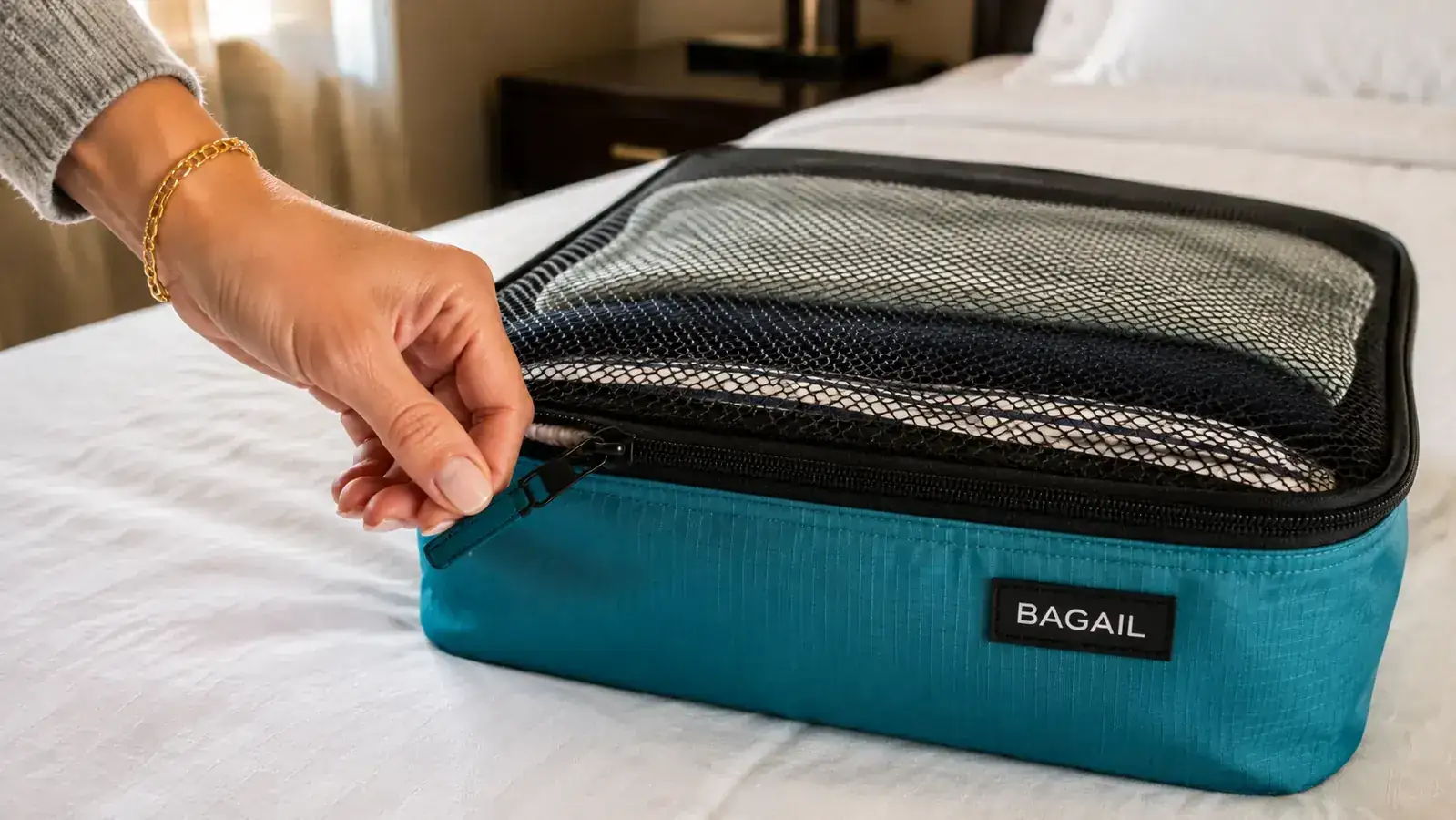 Hand zipping a BAGAIL packing cube shut over a folded stack of clothes