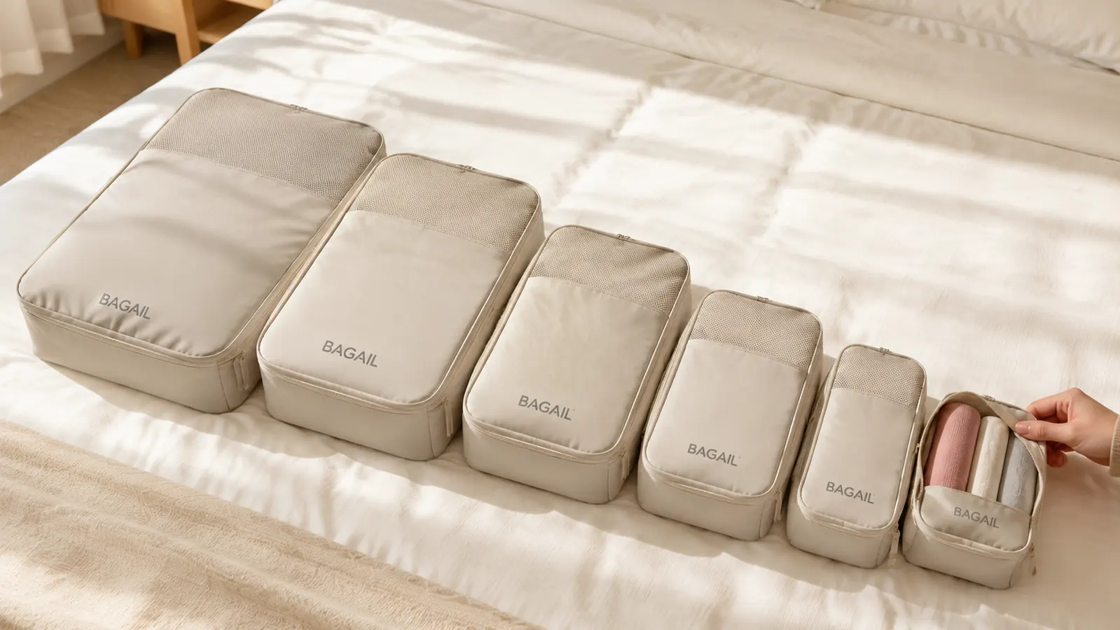 Eight BAGAIL packing cubes laid out flat on a bed showing the full set in different sizes and colors