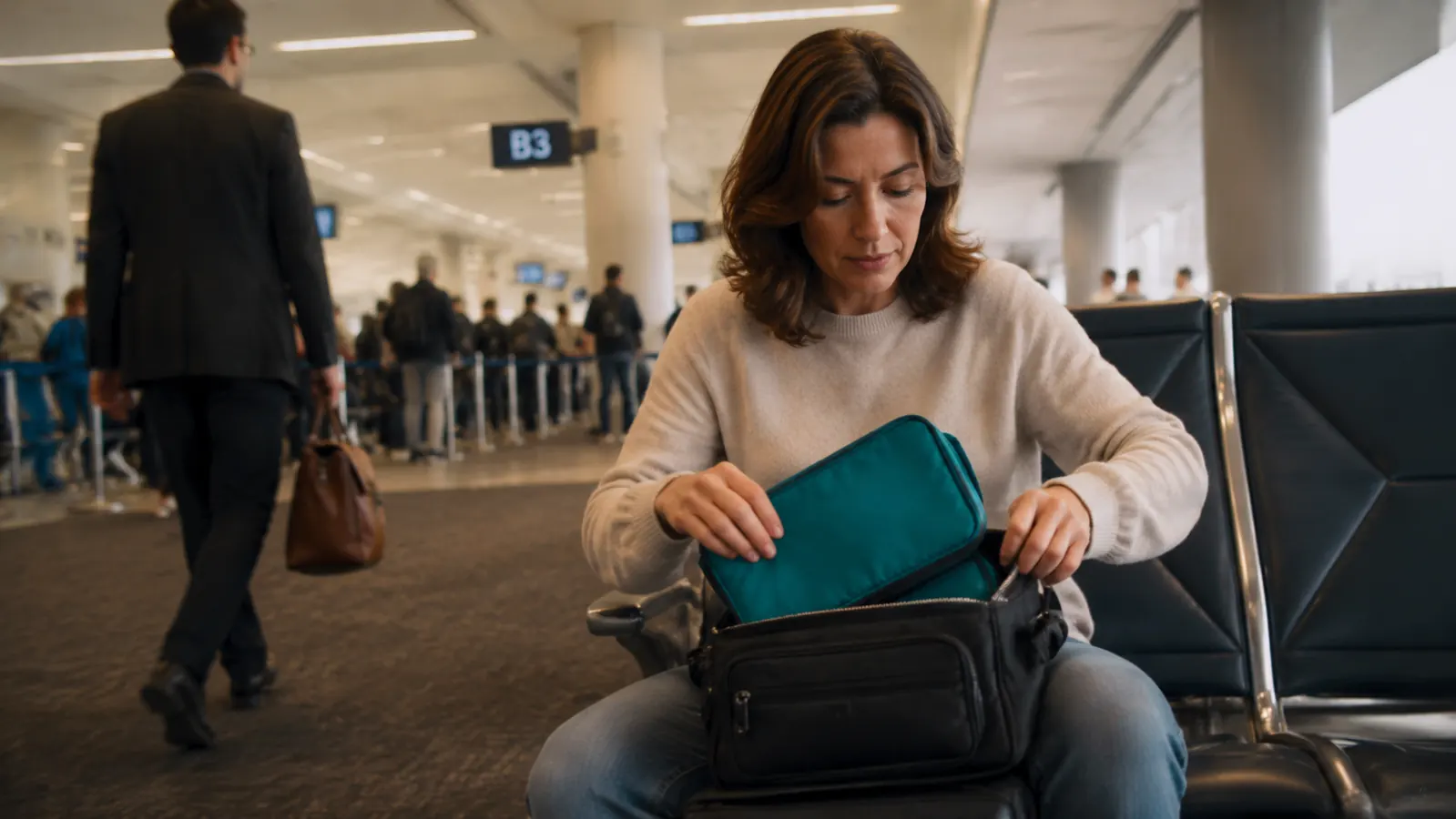 Woman pulling a packing cube out of a suitcase at an airport gate