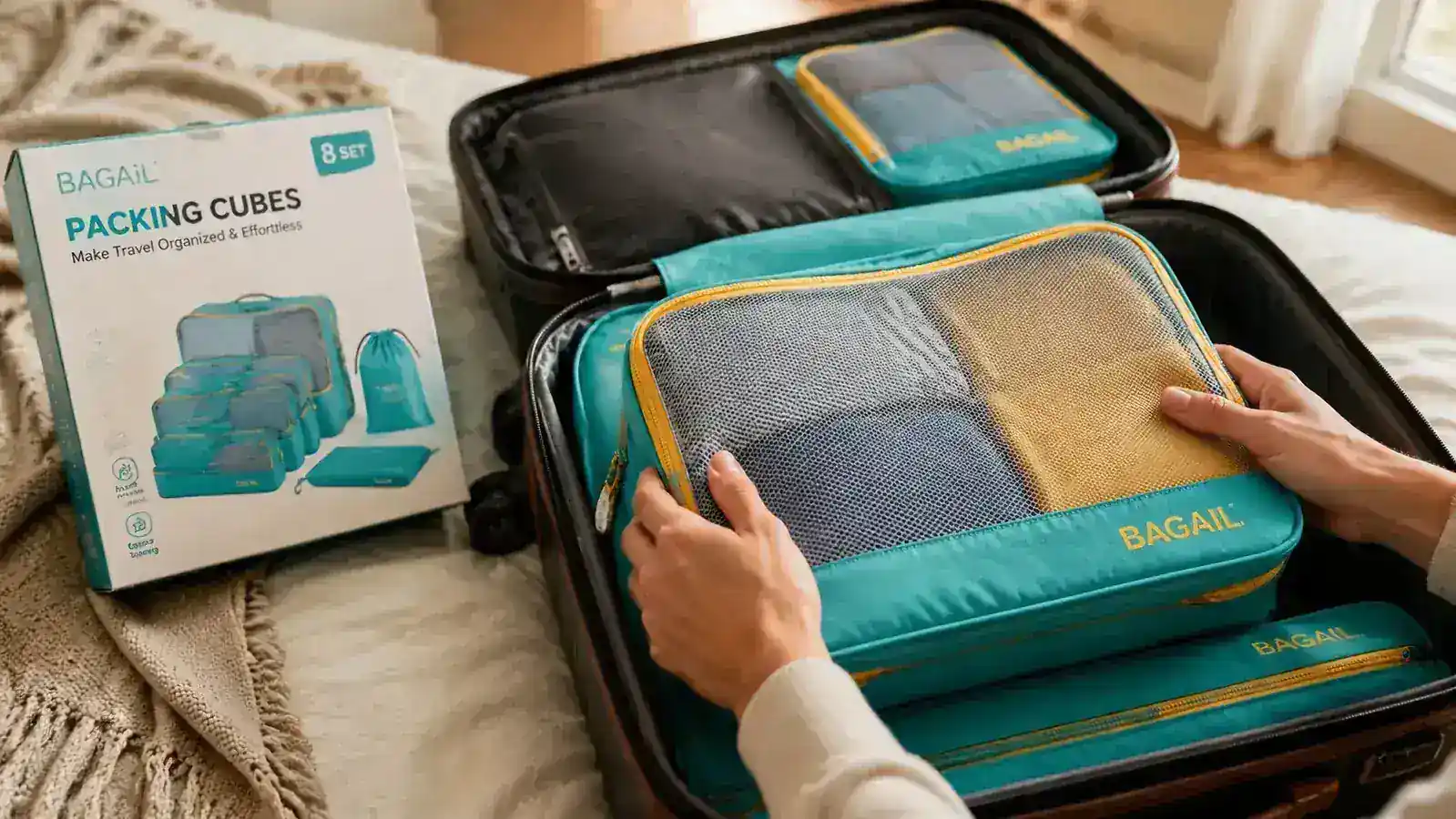 Hand placing a small BAGAIL packing cube into the top of a packed carry-on suitcase