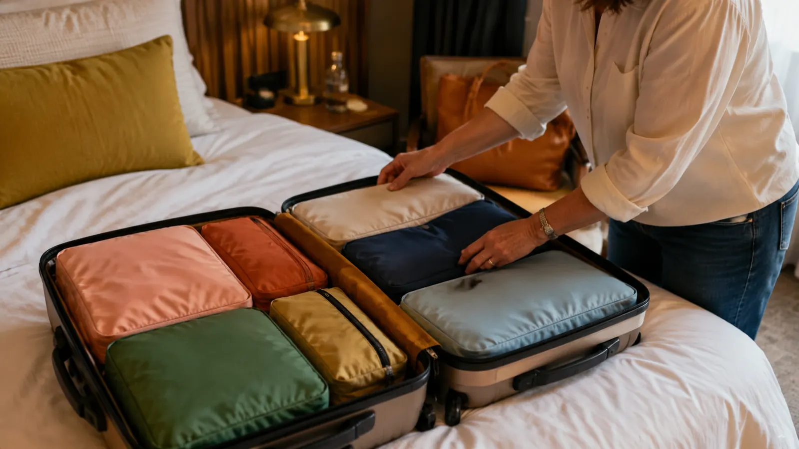 Organized packing cubes fitting neatly inside a carry-on suitcase zipped shut on a hotel bed