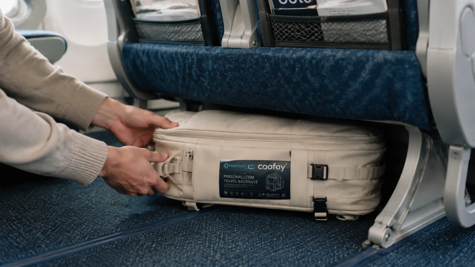 Traveler sliding a compact backpack under an airplane seat with ease, overhead bin visible above