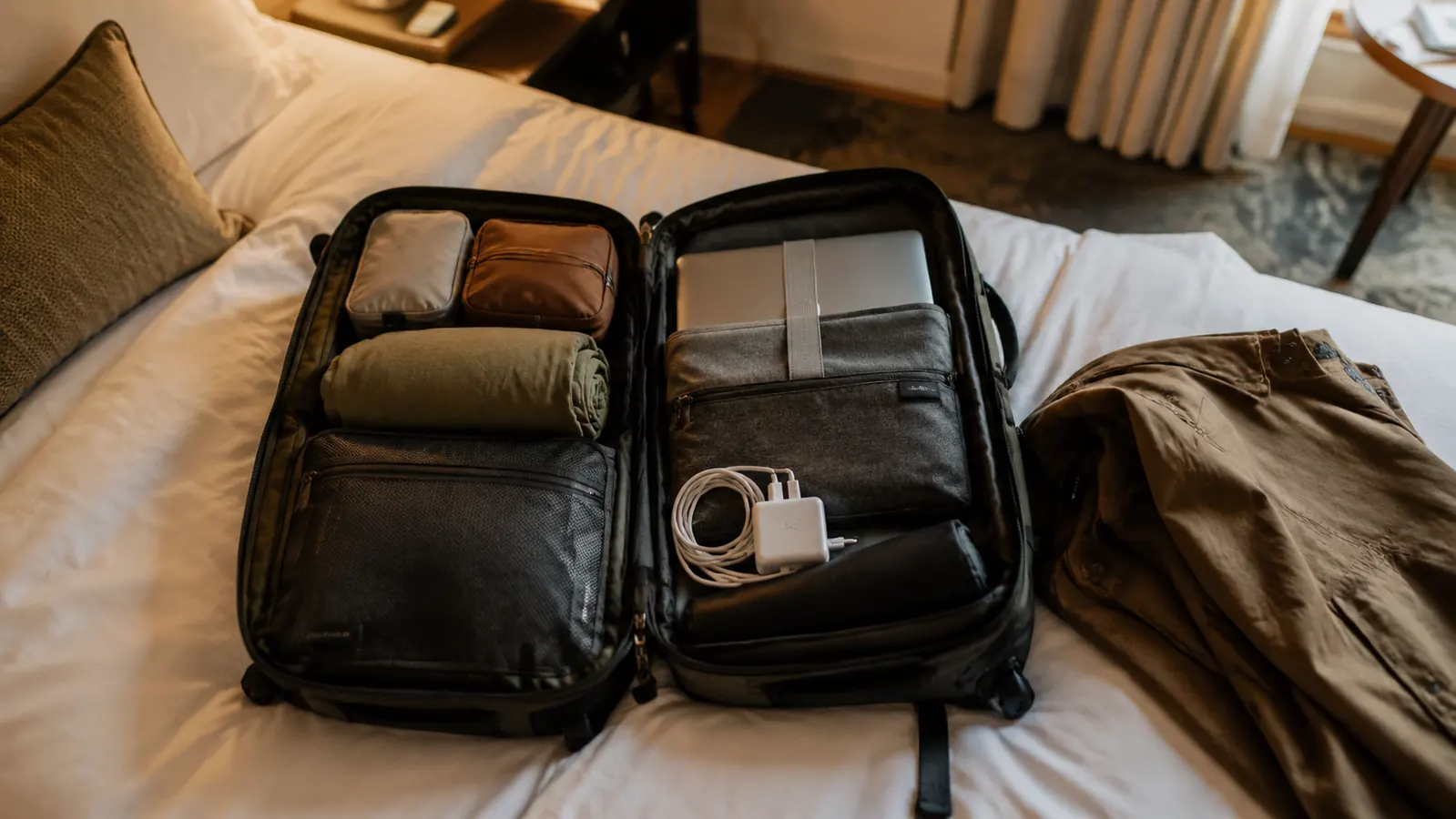 Neatly packed personal item backpack open on a hotel bed showing organized interior compartments with clothes, toiletries, and a laptop sleeve