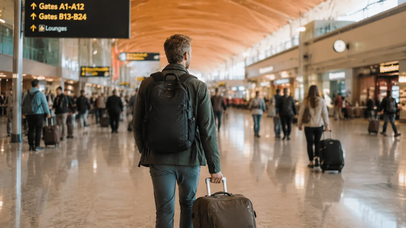 coofay backpack worn on a traveler walking through a modern airport terminal, viewed from behind