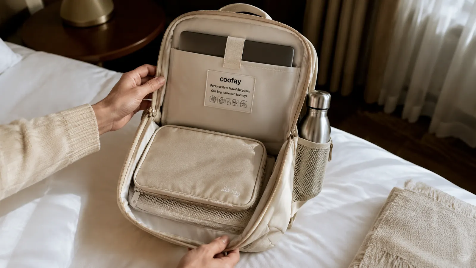coofay backpack open flat showing laptop sleeve, main compartment with packing cube, and side water bottle pocket with bottle inserted