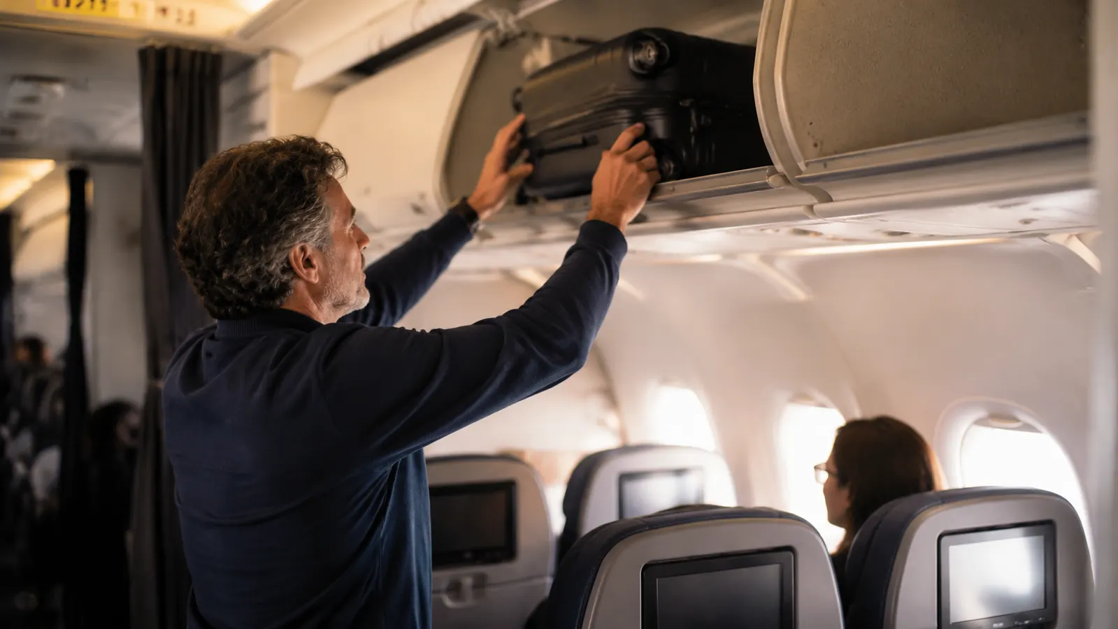 Overhead bin with Travelpro carry-on stored above, coofay backpack tucked under the seat in front
