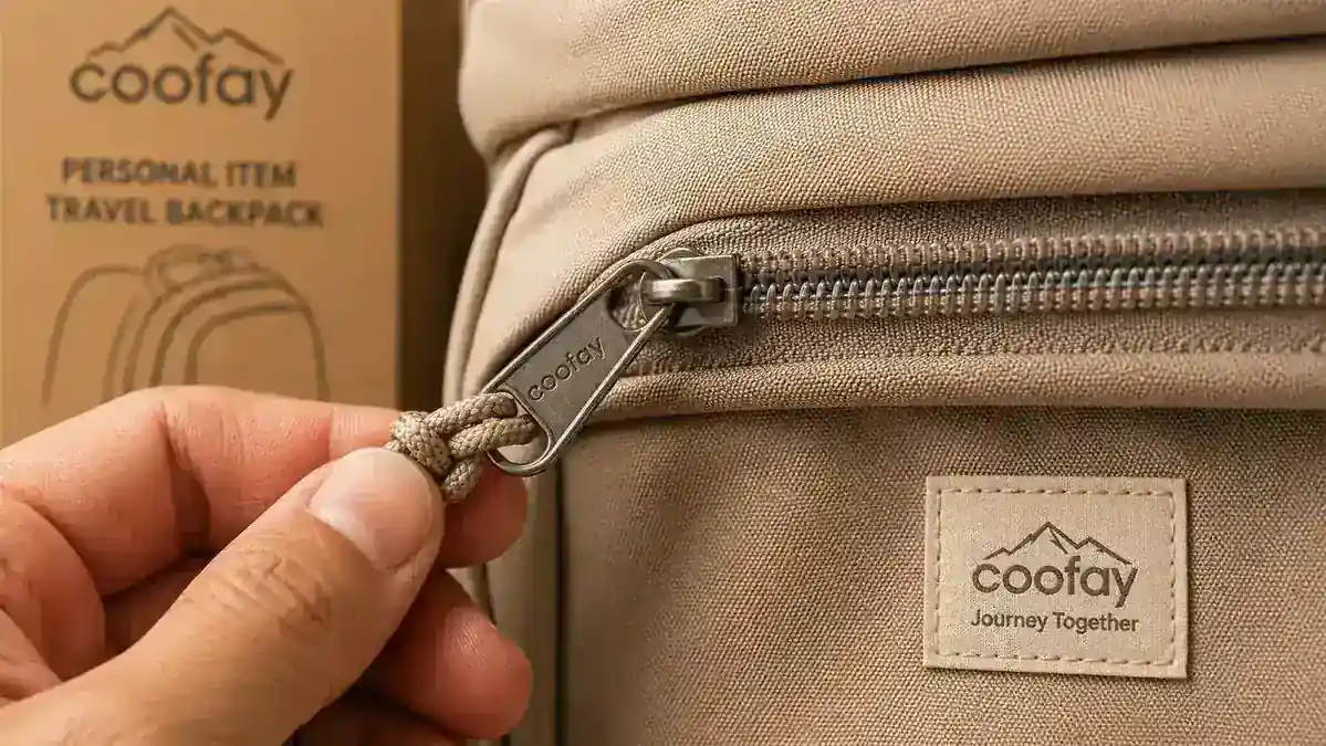 Close-up of coofay backpack zipper pull and strap hardware after heavy use, showing minor surface wear on zipper teeth
