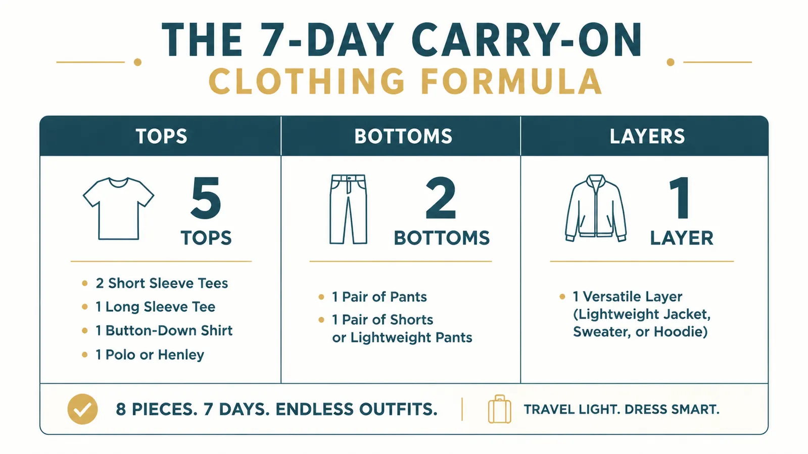 Chart showing weekly clothing plan with column headers for tops, bottoms, and layers, highlighting a 7-day trip in a 21-inch carry-on