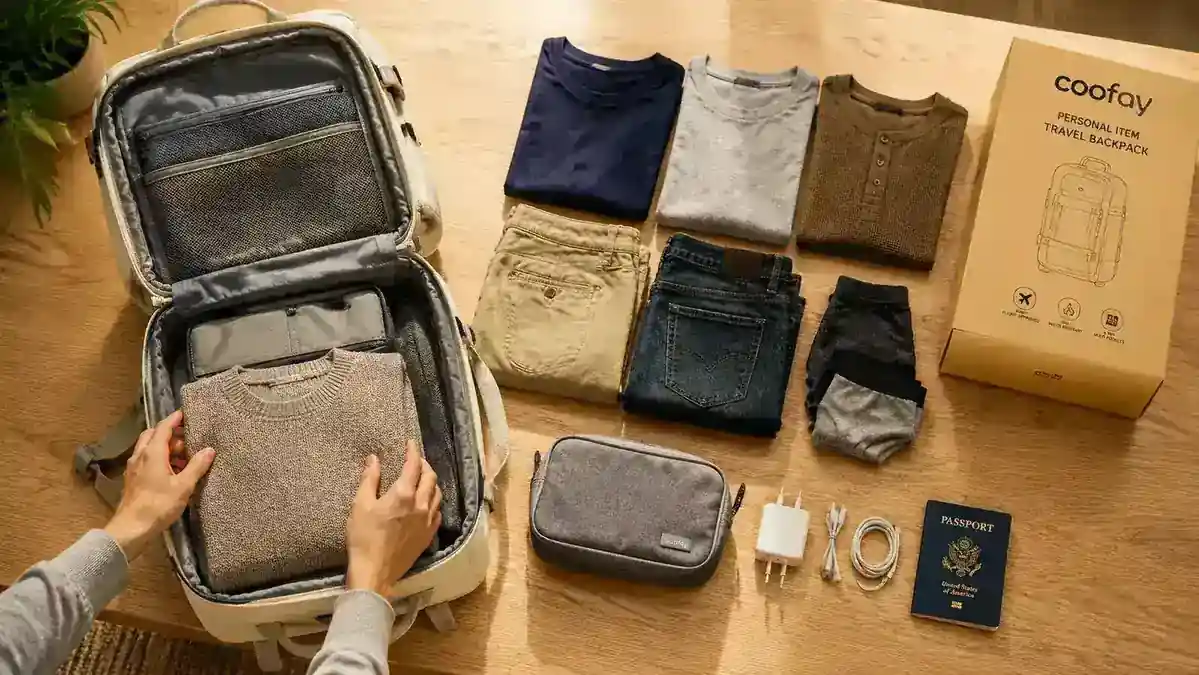 Overhead flat-lay of a coofay travel backpack open next to four days of folded clothes and a toiletries bag laid out on a wooden table