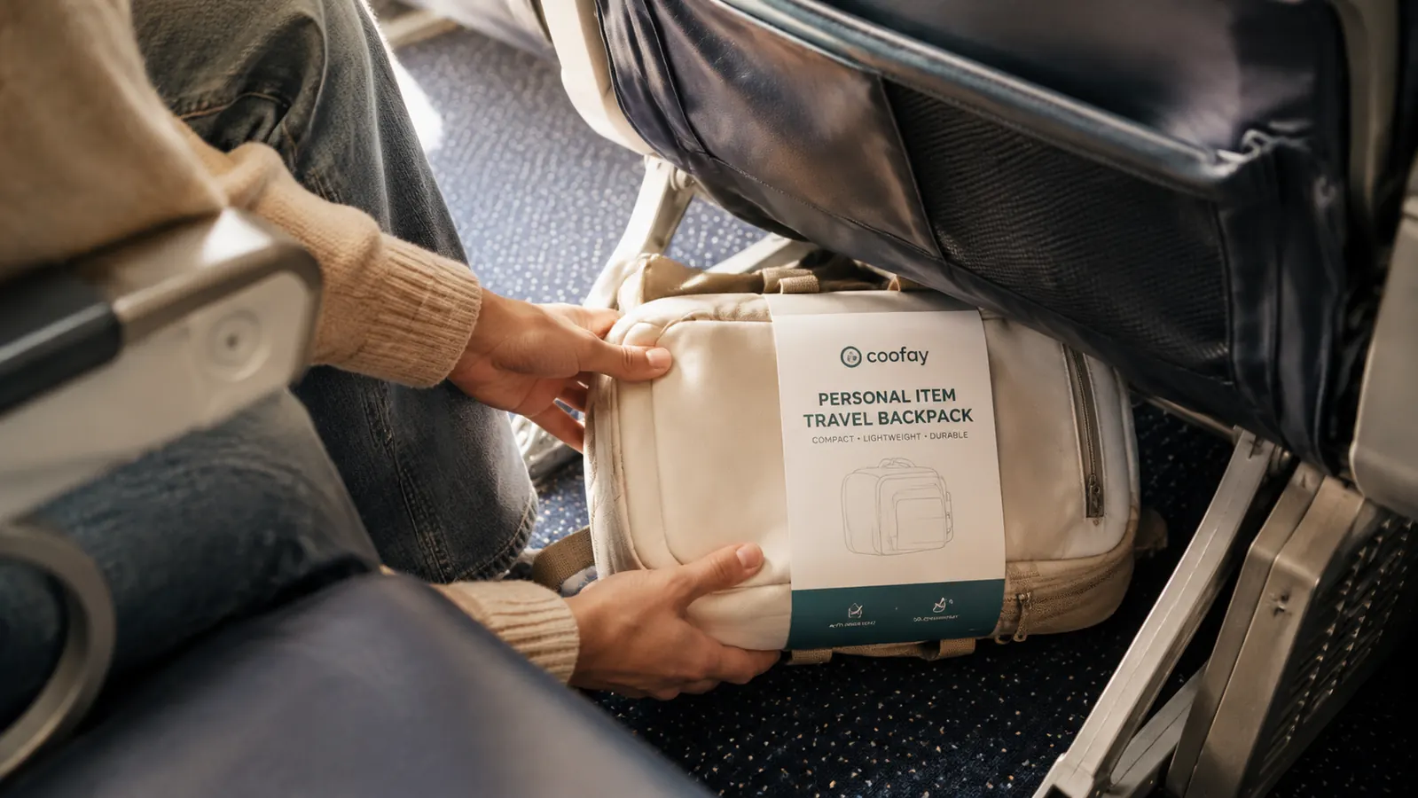 Woman sliding a coofay backpack under the seat in front of her on a commercial airplane