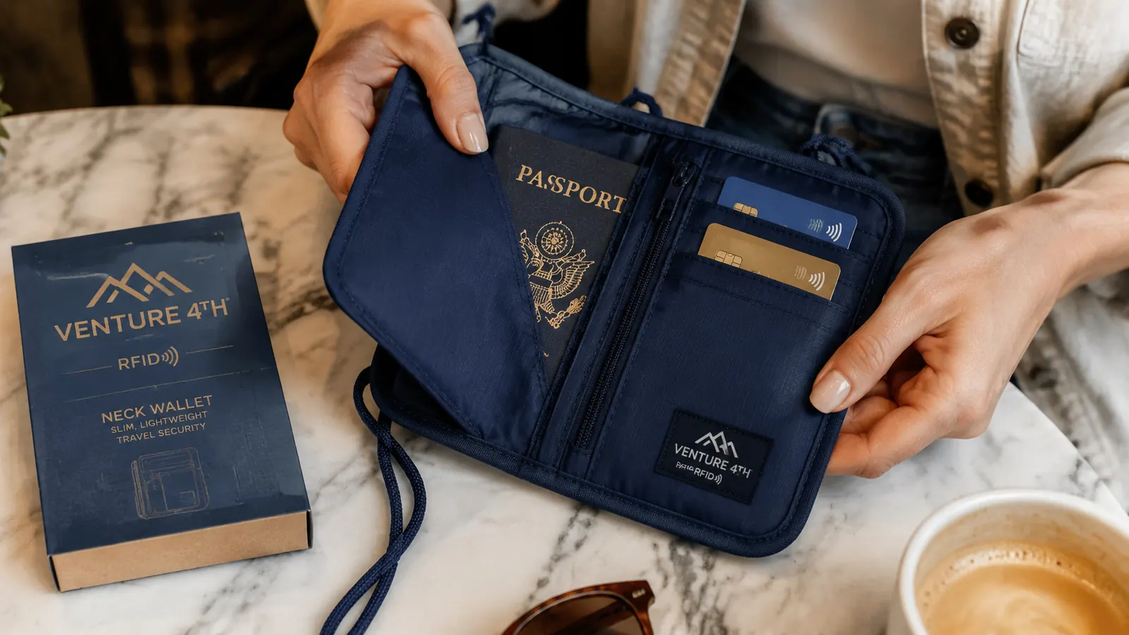 VENTURE 4TH neck wallet held open in a hand showing passport and card slots