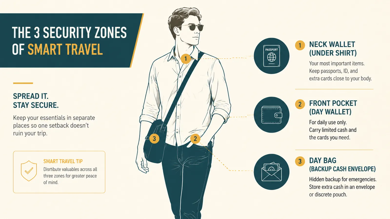 Diagram showing neck wallet worn under a shirt with items distributed across three carry zones