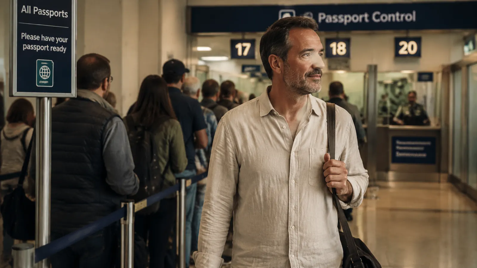 Neck wallet worn under a linen shirt at a passport control queue, invisible from outside