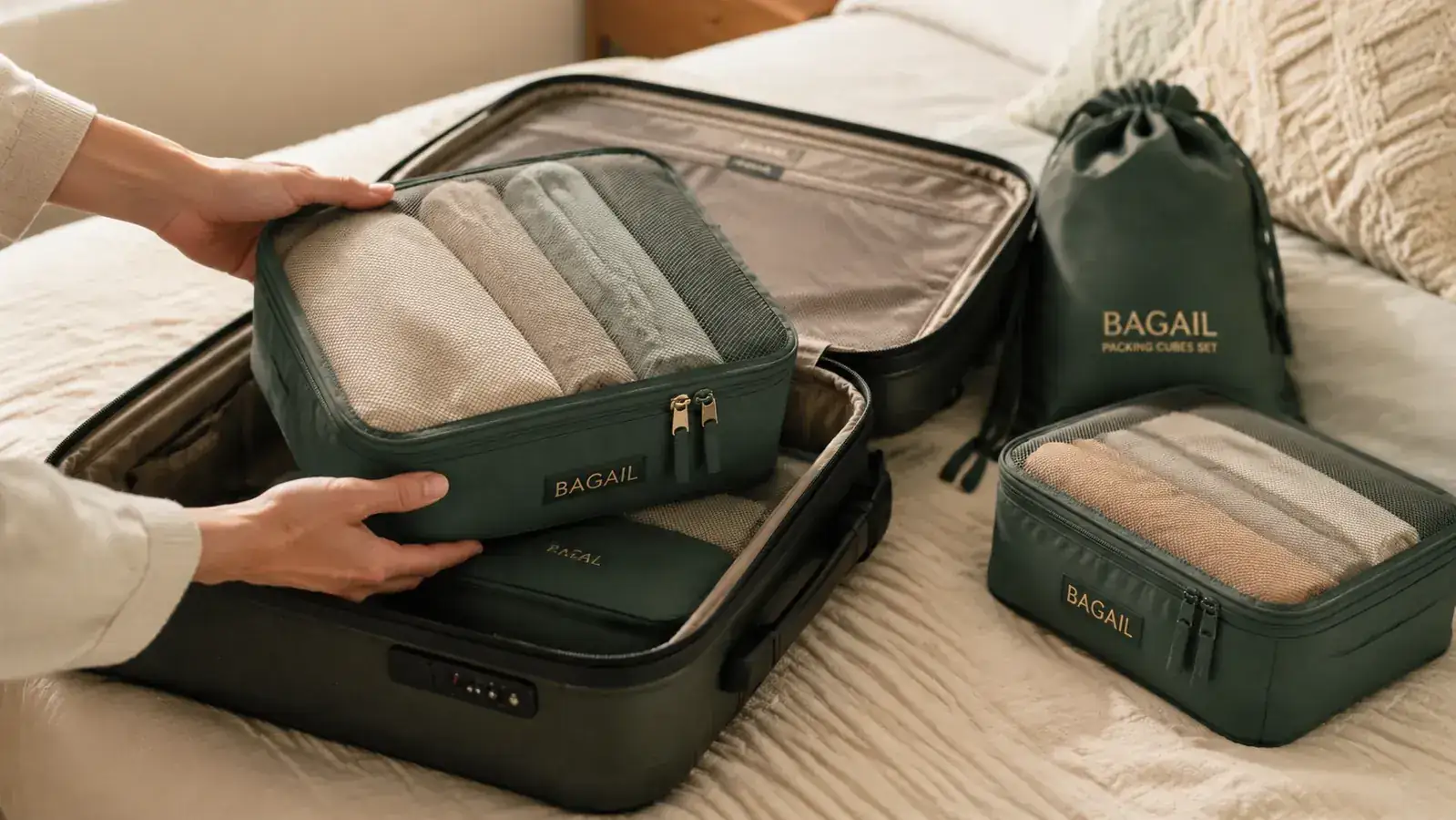Hands loading a BAGAIL packing cube filled with folded t-shirts into a carry-on suitcase