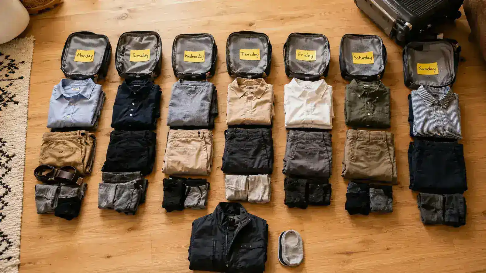 Flat lay of seven days of travel clothing next to labeled packing cubes showing how each category groups together