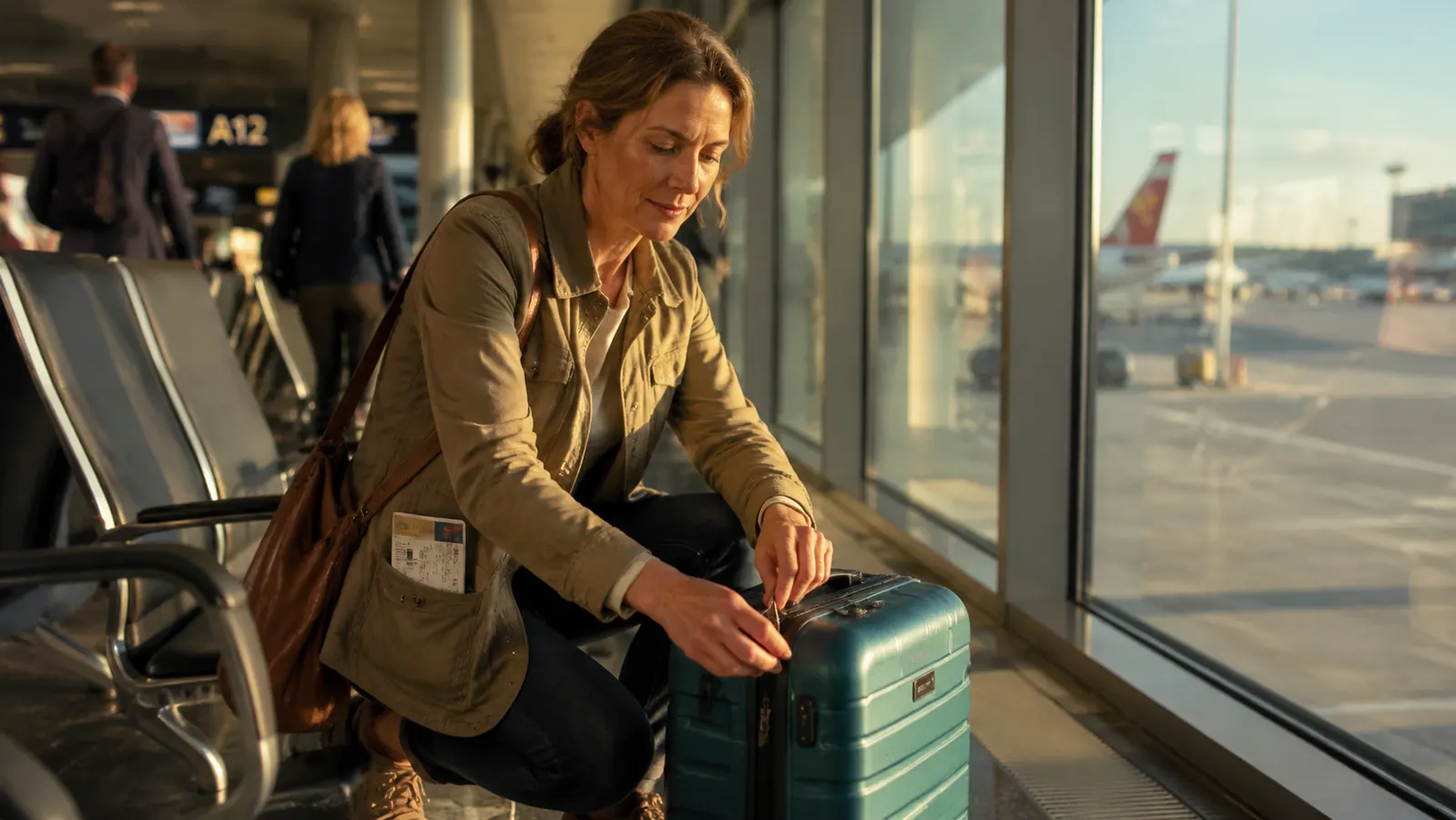 Traveler zipping a carry-on shut at an airport gate with a packing cube visible through the mesh panel