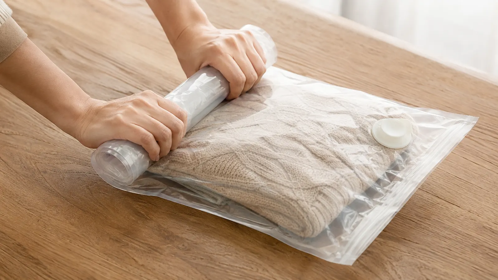 Hands rolling a sealed vacuum bag tightly from one end toward the valve to push out air