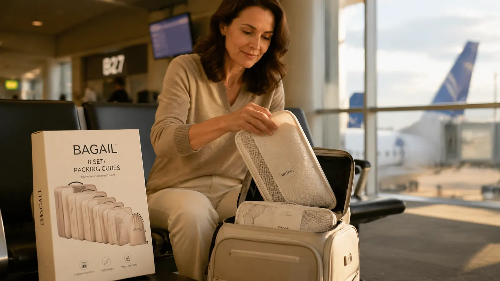 Woman pulling a packing cube out of a carry-on suitcase in an airport terminal
