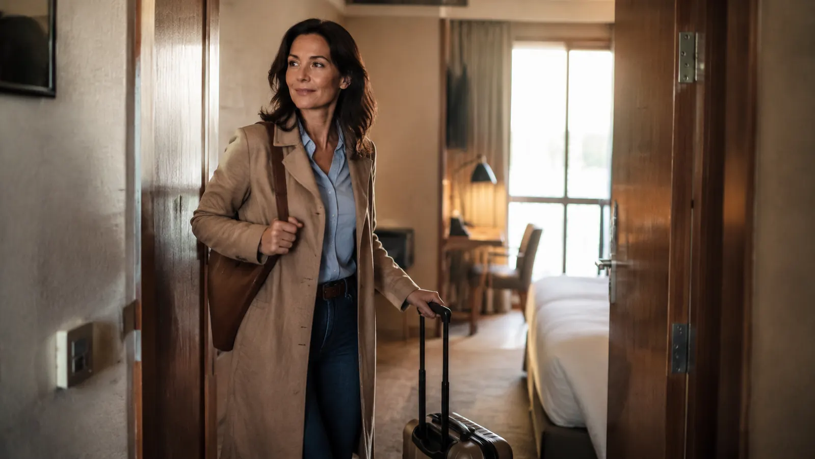 Woman zipping her carry-on closed at the door of a hotel room ready to leave