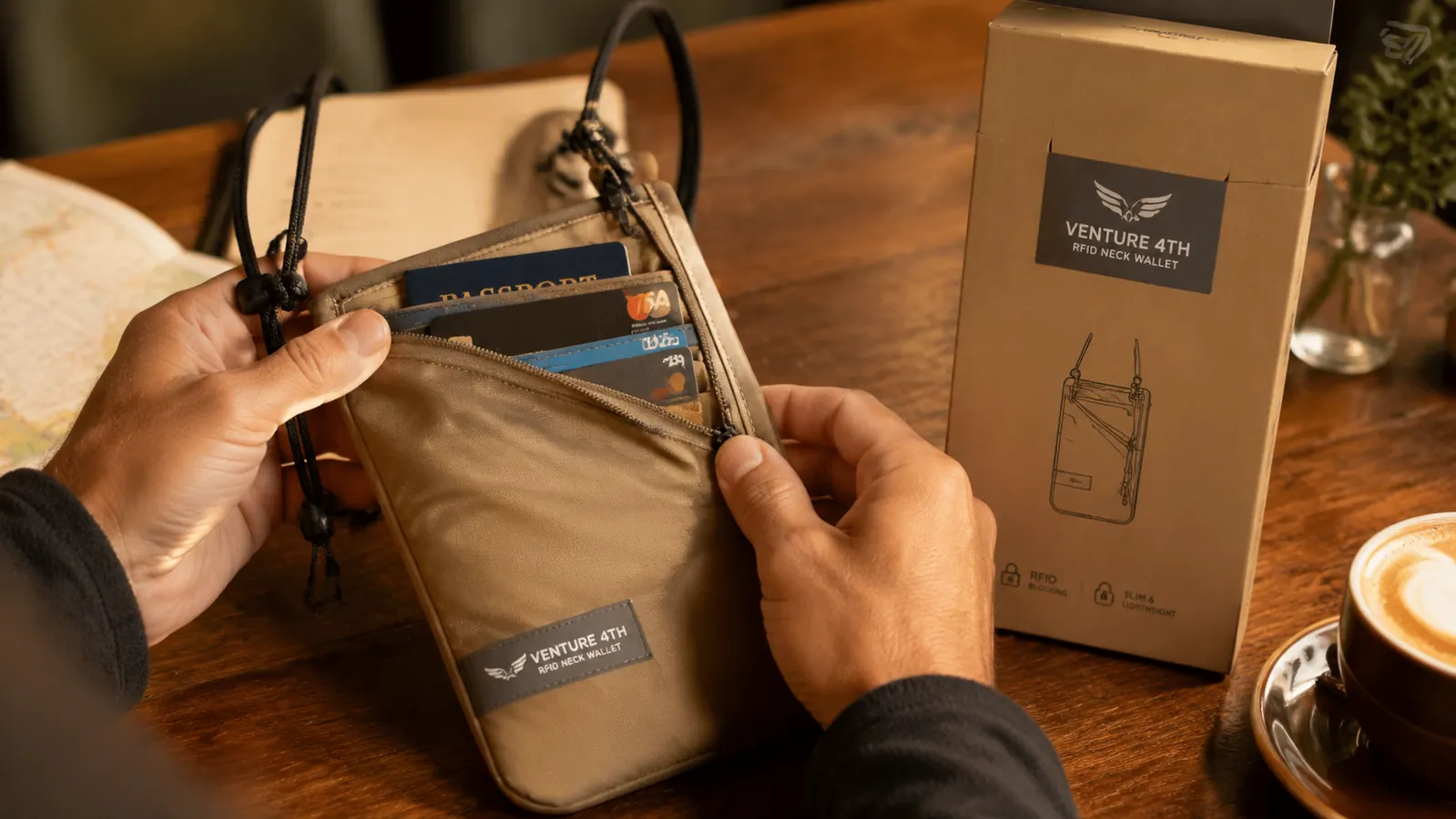 Close-up of hands opening a thin RFID neck wallet to show a passport and two cards inside