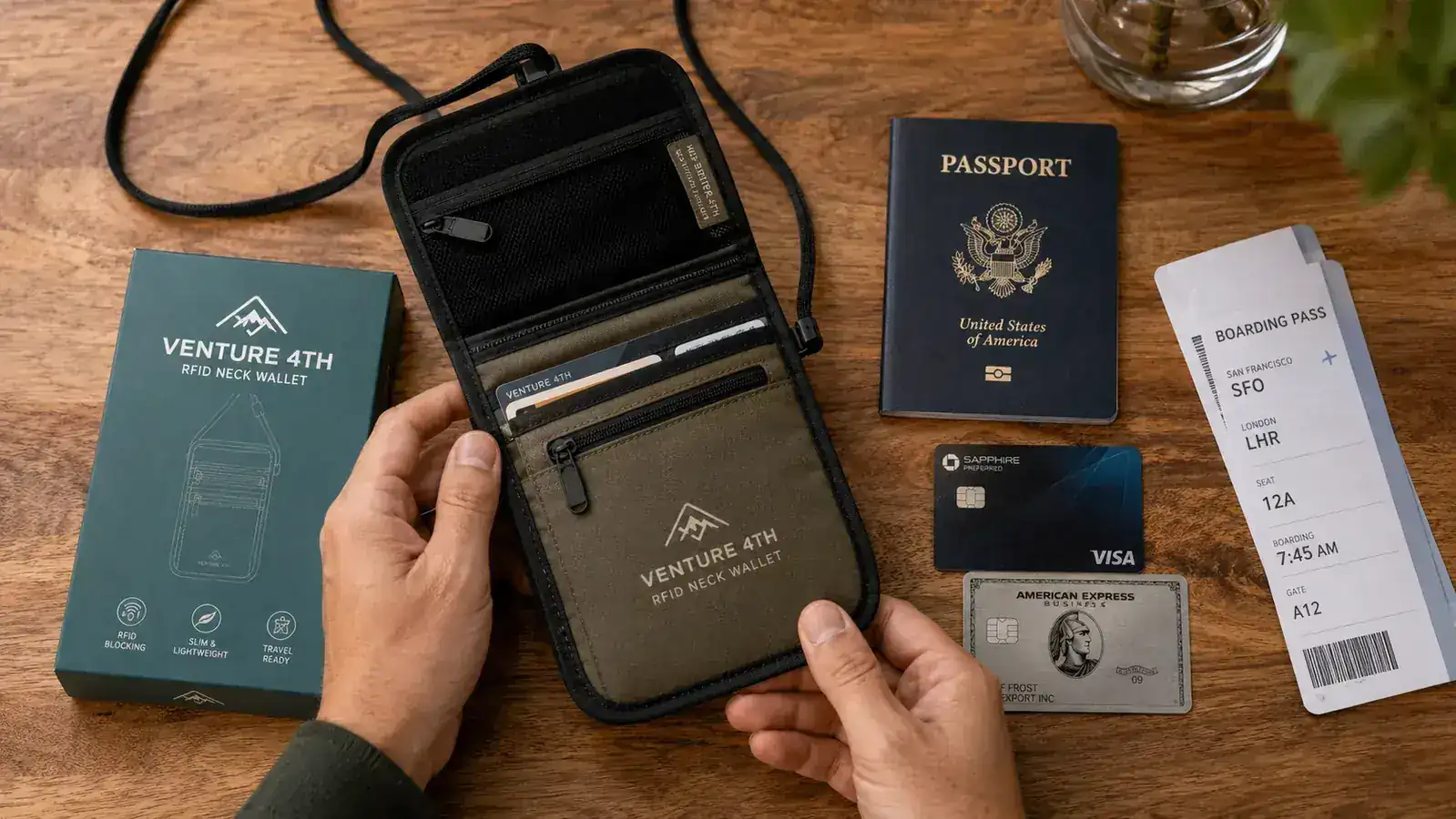 Overhead flat lay of a RFID neck wallet next to a passport, boarding pass, and two cards on a wooden surface