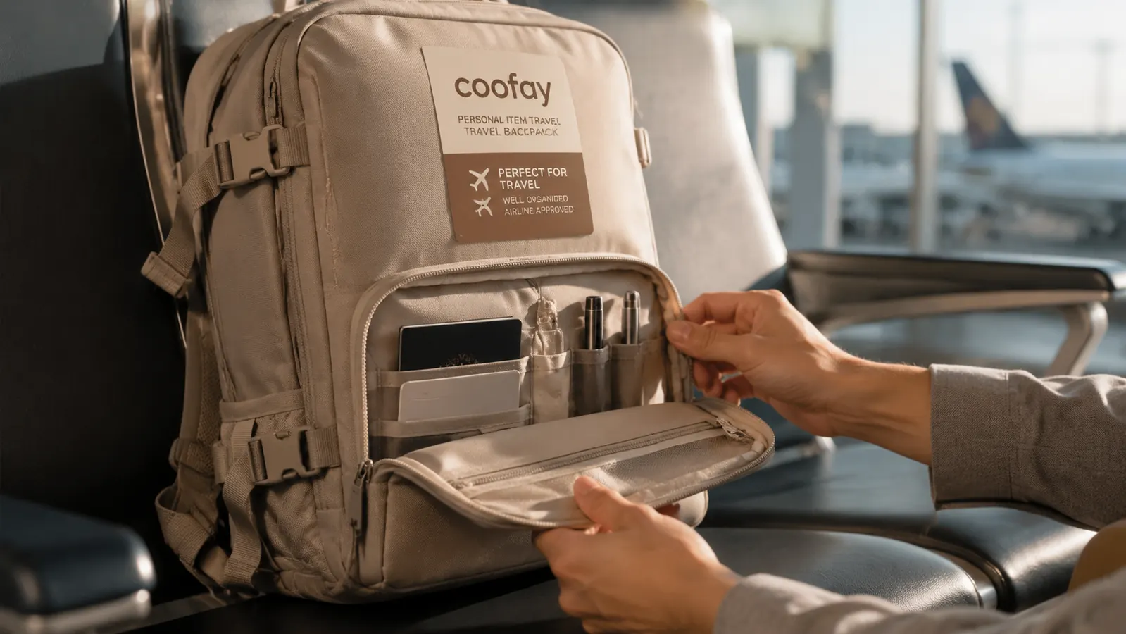 Hand unzipping the front organizer pocket of the coofay travel backpack on an airport gate bench