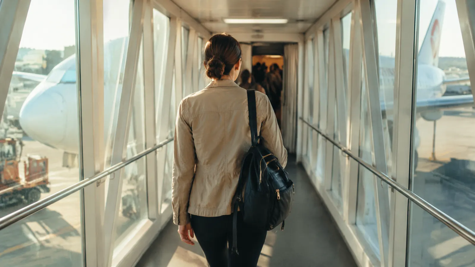 A traveler boarding a plane with a backpack, looking relaxed and unhurried at the jet bridge