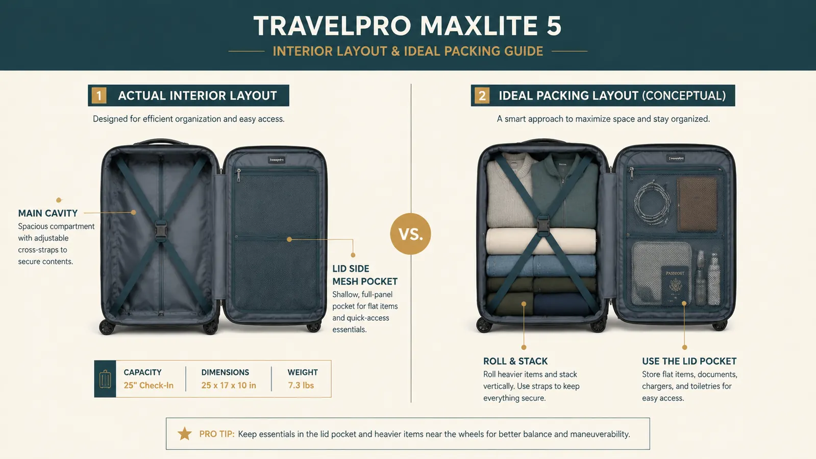 Split-view diagram of Travelpro Maxlite 5 interior packing space versus interior mesh divider layout