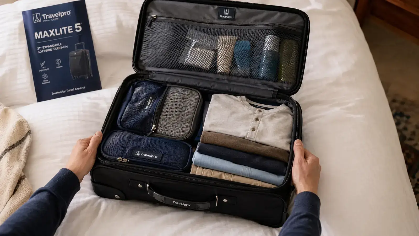 Overhead view of Travelpro Maxlite 5 open and packed with packing cubes, toiletry bag, and folded clothes organized neatly inside
