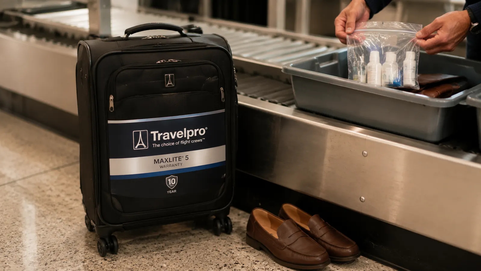 Travelpro Maxlite 5 carry-on standing upright next to an airport security belt, shoes and laptop tray visible