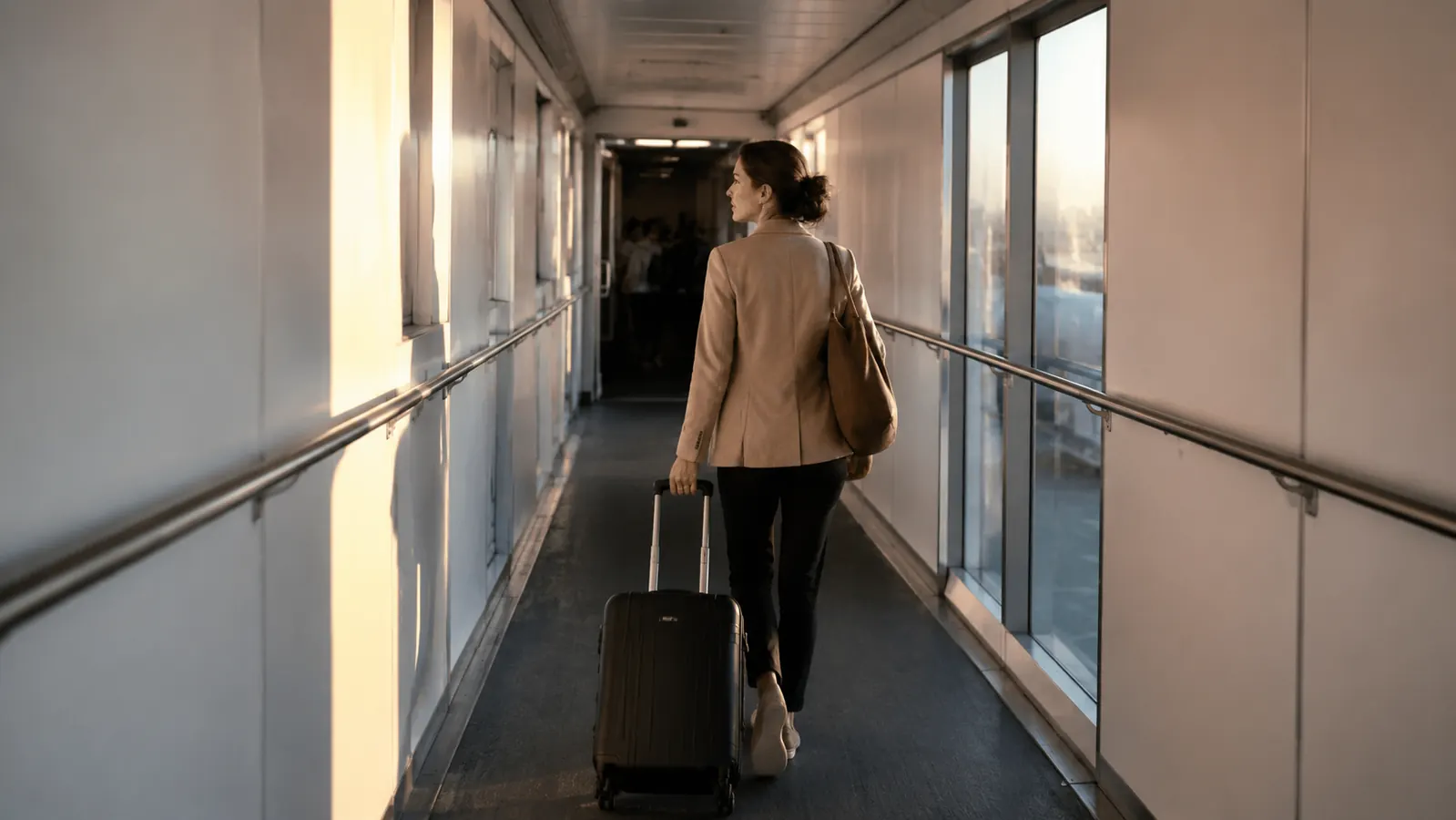 Woman rolling a carry-on through a jetway toward a plane door, morning light coming through the windows