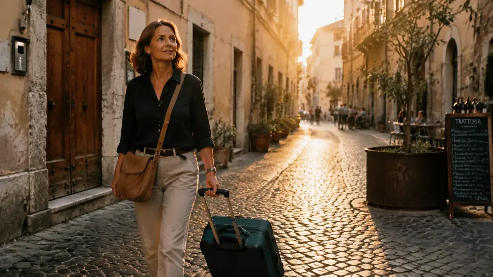 Robin Alltop style traveler walking through a cobblestone street in Europe with a carry-on bag rolling behind her