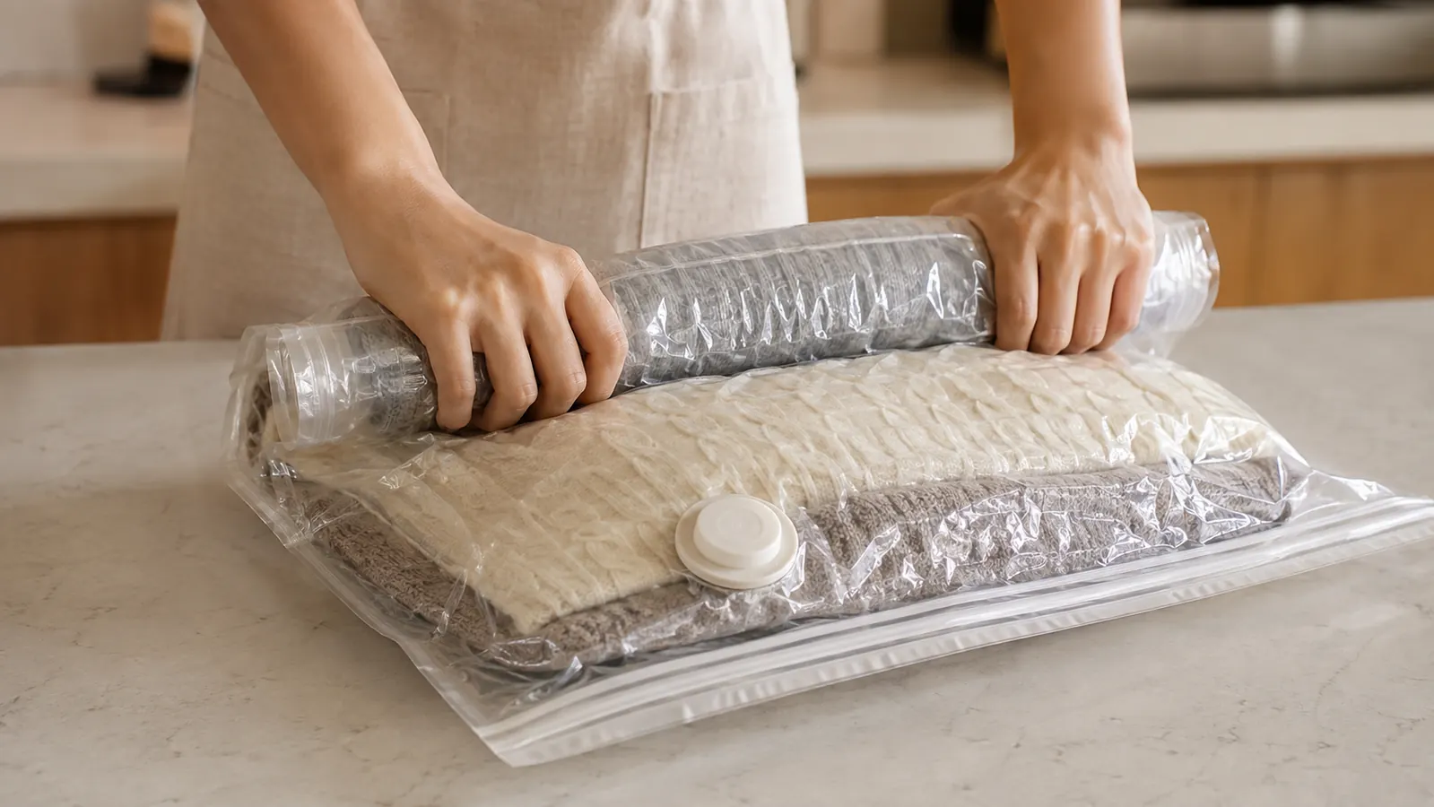 Hands rolling a clear vacuum storage bag filled with sweaters to expel the air, kitchen counter background