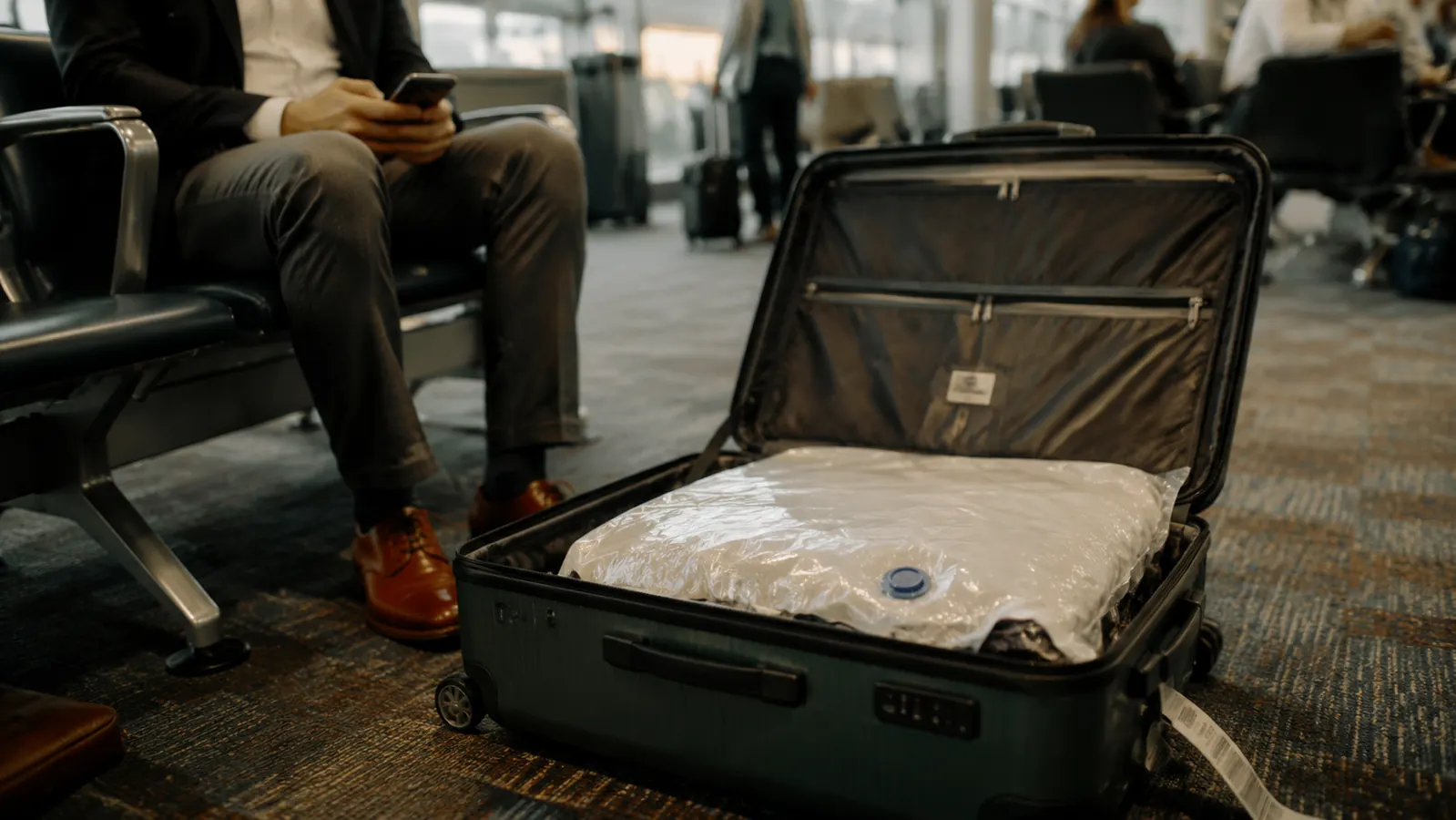 A compressed vacuum bag flat against the interior base of a hard-shell carry-on suitcase at an airport gate