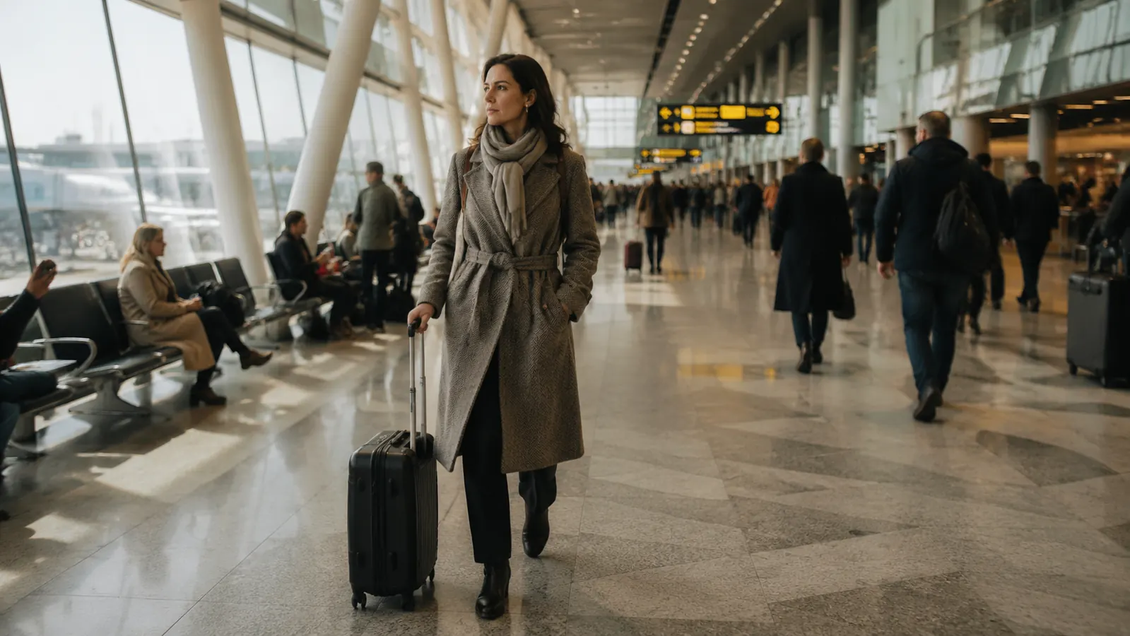 Woman pulling a small carry-on through an airport terminal in winter clothing, no checked bag in sight
