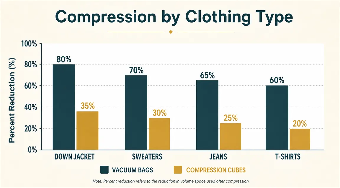 Side-by-side chart showing volume compression percentages for vacuum bags versus compression packing cubes across four clothing categories