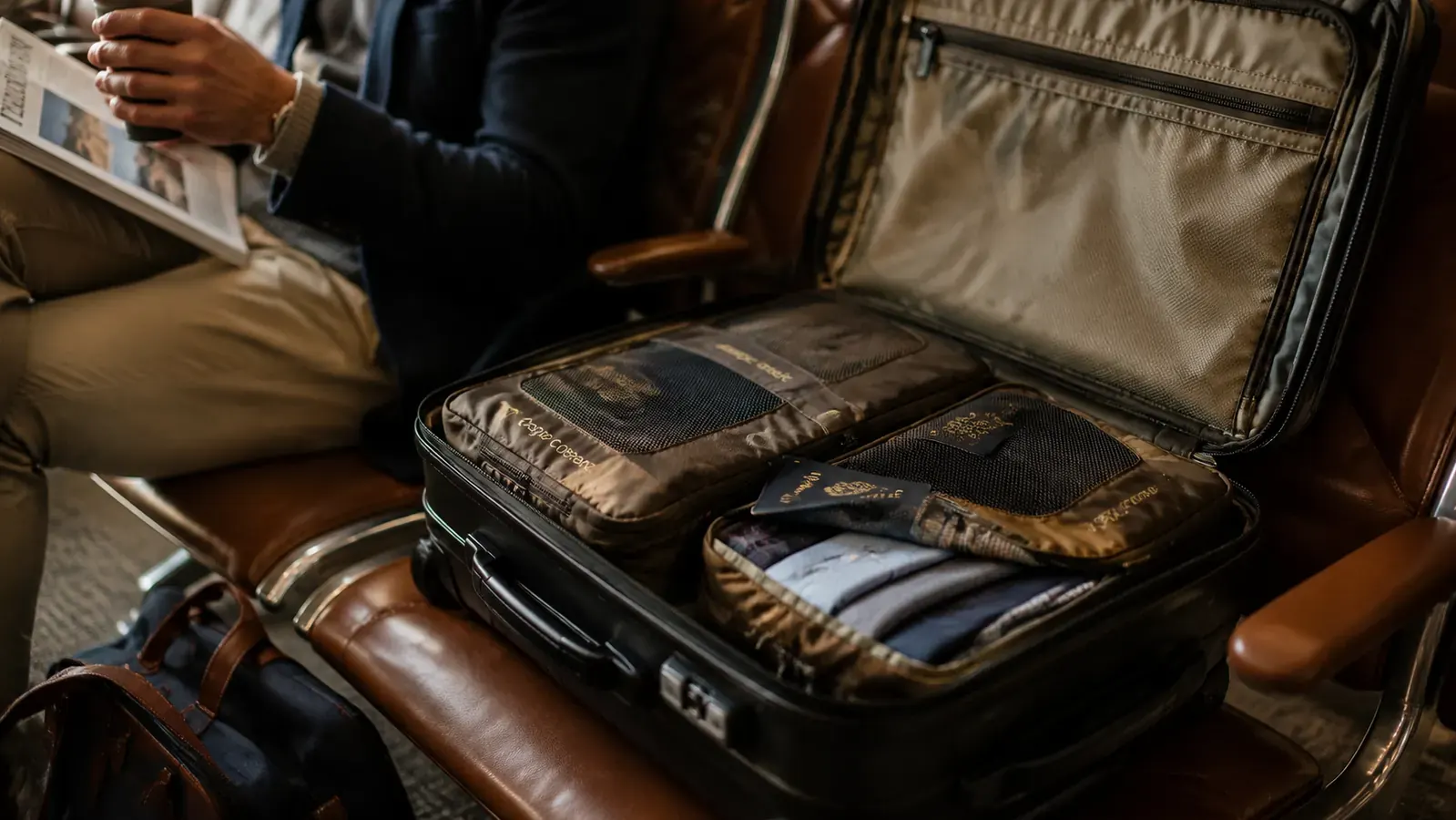 Eagle Creek compression packing cubes organized inside a carry-on next to a smartphone and toiletry bag, showing quick-access organization